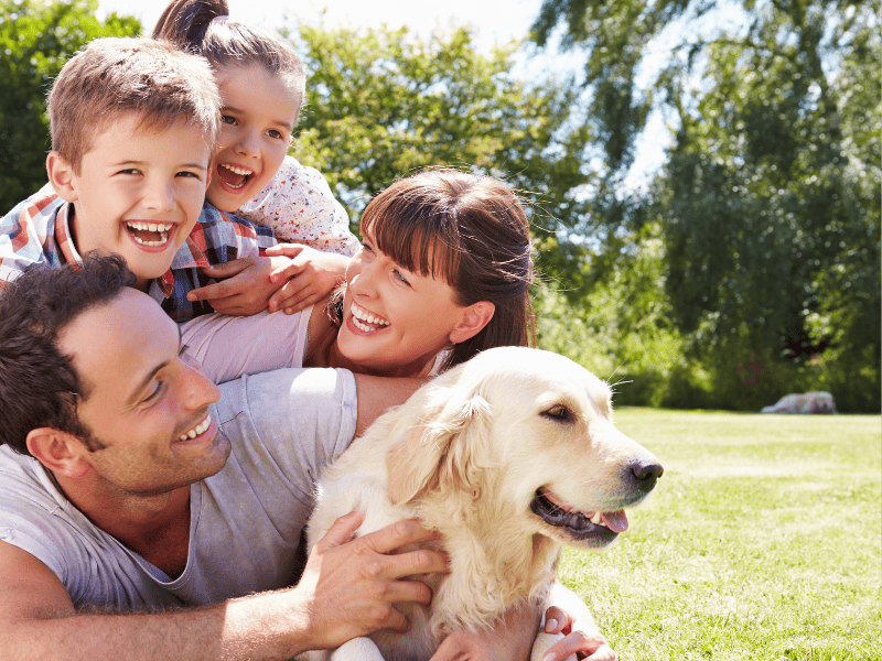 Happy family, smiling with dog Happy family, smiling with dog