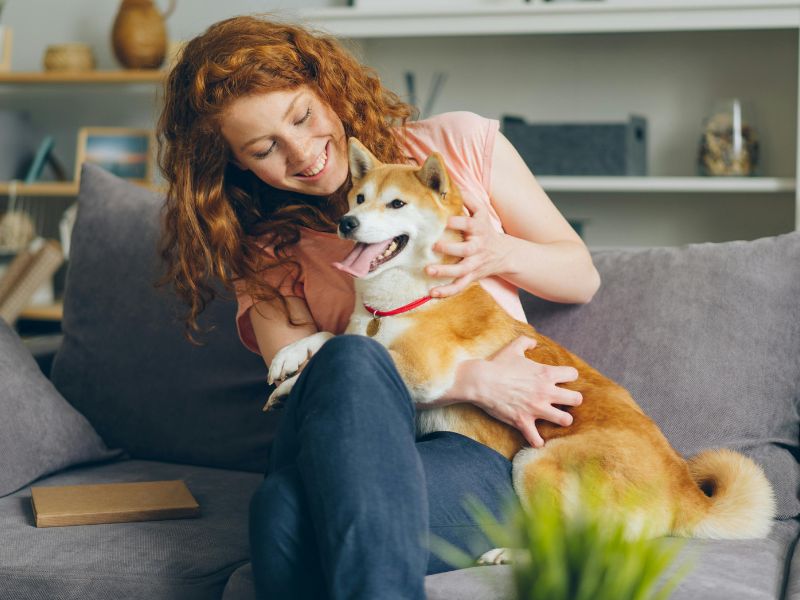 Woman cuddling happy dog Woman cuddling happy dog